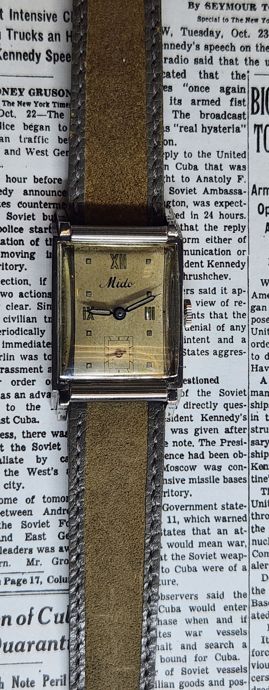 Mido Stainless Steel Rectangular Case watch from the late 1940's