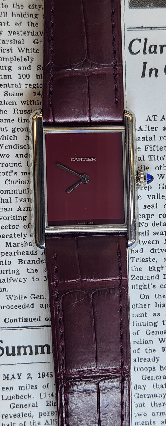 Cartier 4323 Burgundy Tank in Steel