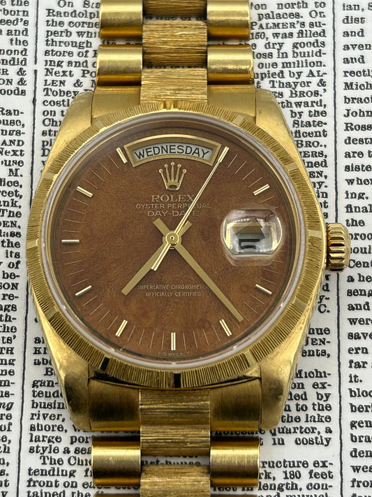 Rolex Day Date 18k Bark Finish Burl Wood Dial